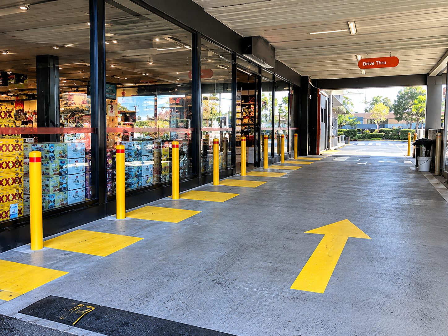 Installed bollard line at a storefront