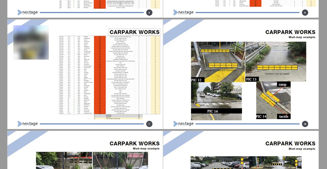 Pages from an audit report: the site table and car park mud maps