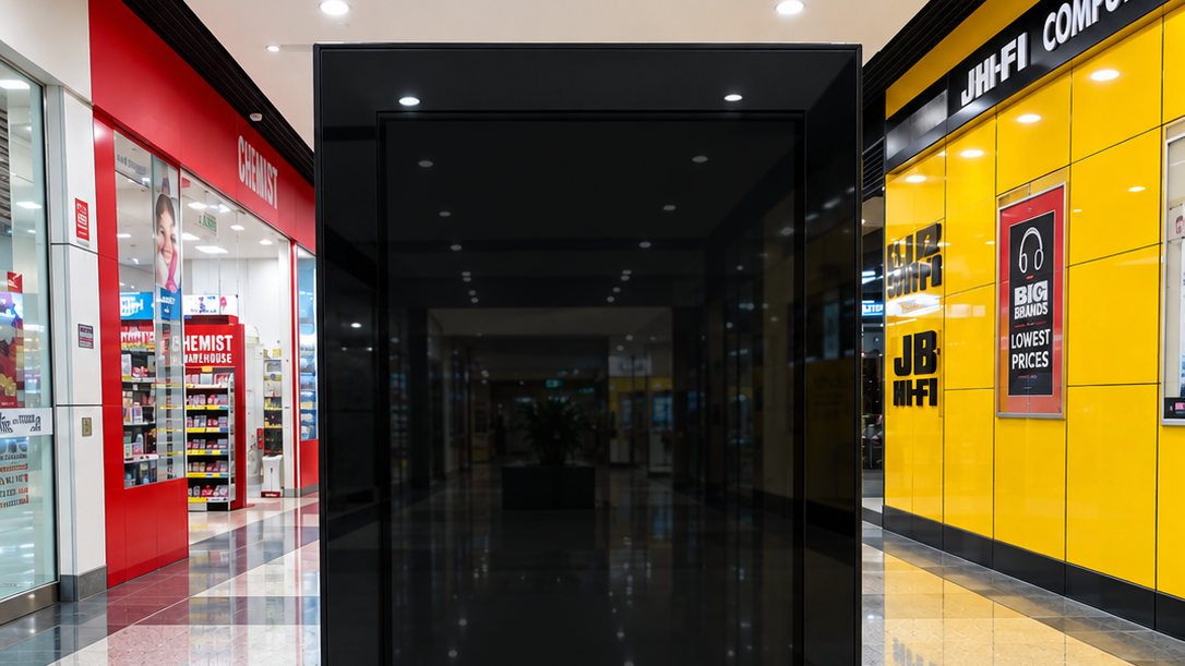 Freestanding digital screen gone dark in a shopping centre mall