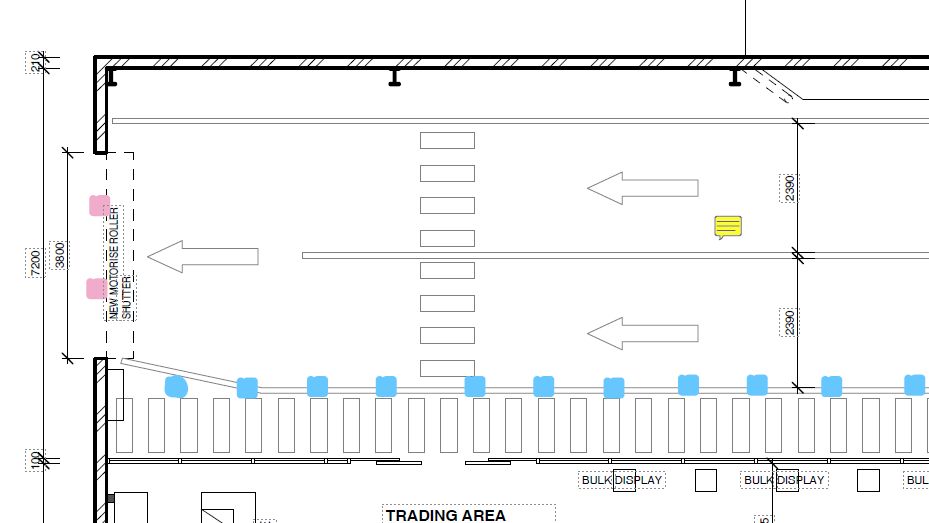 Store plan marked up with bollard positions along the shopfront glazing