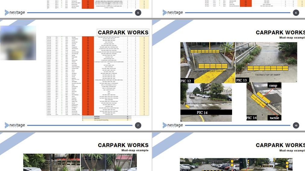 Pages from a store audit report: a site table and marked up car park photos