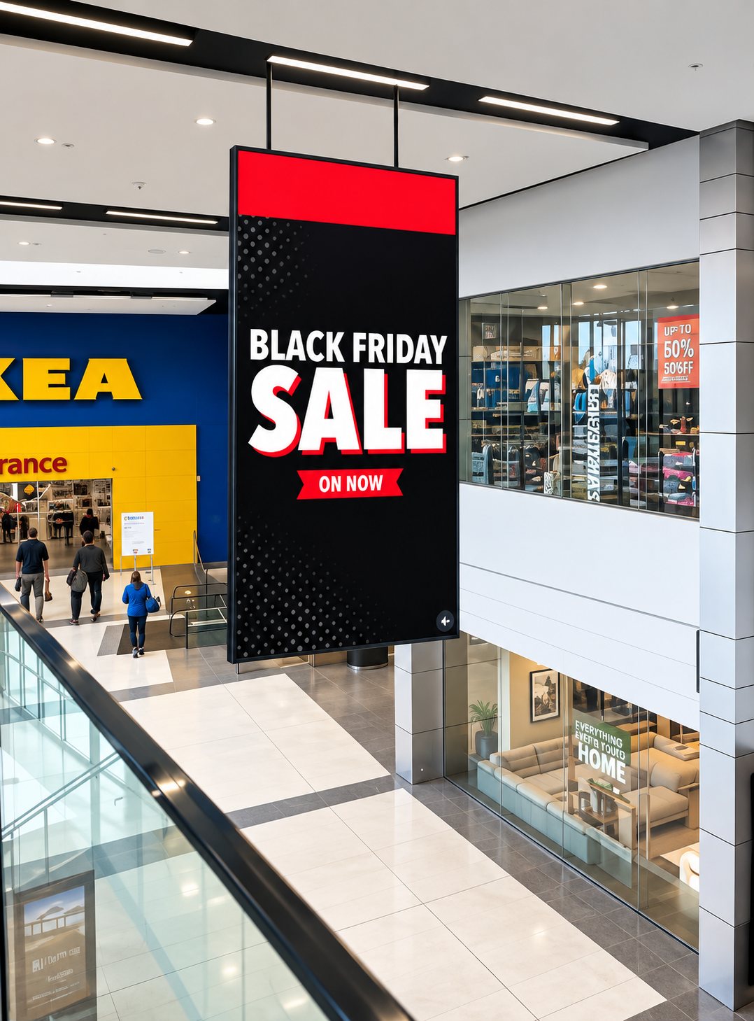 Large format LED: Double sided LED hung from the ceiling or fixed to structure over atriums, voids and main entrances, built from cabinets to suit the space.