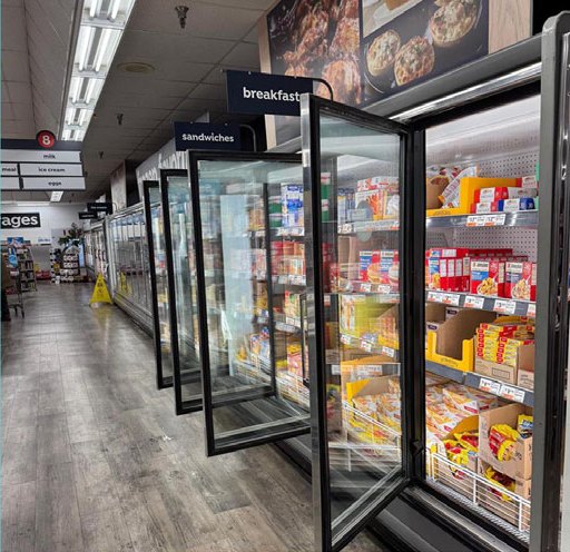 The same style of freezer run with anti fog film fitted, every door clear and the stock visible from the aisle