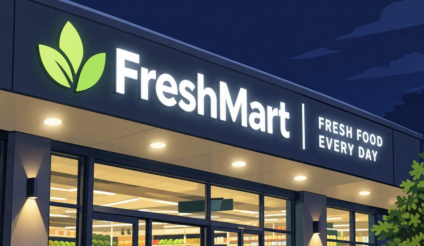 Illustration: an illuminated fascia sign at night